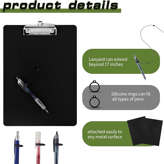 2 Pack Magnetic Clipboards with Pen Attached Black Clip Board with Low Profile Letter Size Clipboards 9X 12.5 Inch Standard Clip for Refrigerator Office Classroom Home Factory