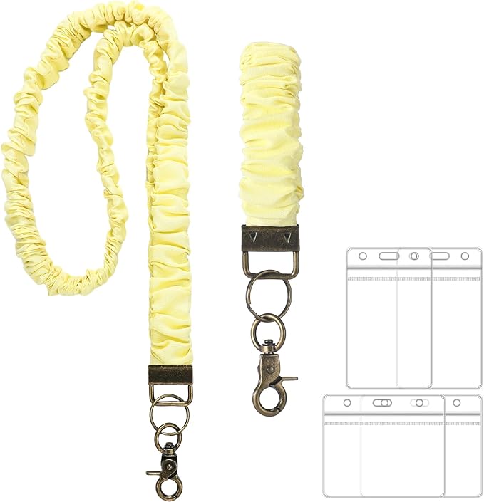 Marspark 2 Set Scrunchie Lanyards with 4 Card Holders for ID Badges and Keys Cute Stretchy Scrunchie Neck and Wrist Lanyards for Teacher Women Nurses School Office Supplies(Yellow,Solid Color)