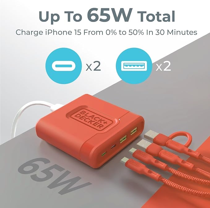 BLACK+DECKER USB C Fast Charger 65W 4 Port Type USB C Charging Station Hub Block TypeC Wall Charger Power Strip Adapter Plug 2 USBC 2 USBA for iPad iPhone 17 16 15 14 Pro Max Pixel Note Galaxy, Coral