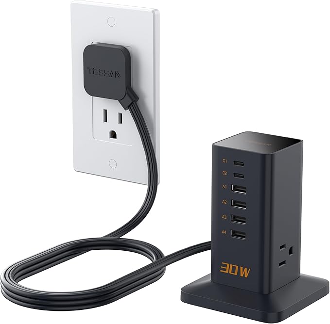 Charging Station 30W, TESSAN 9-in-1 Charger Blocks for iPhone 17/16/15/14, Tablets, Earphone with Surge Protector, 5ft Flat Extension Cord with 4 USB A, and 2 USB C for Home, Office, Dorm, Black