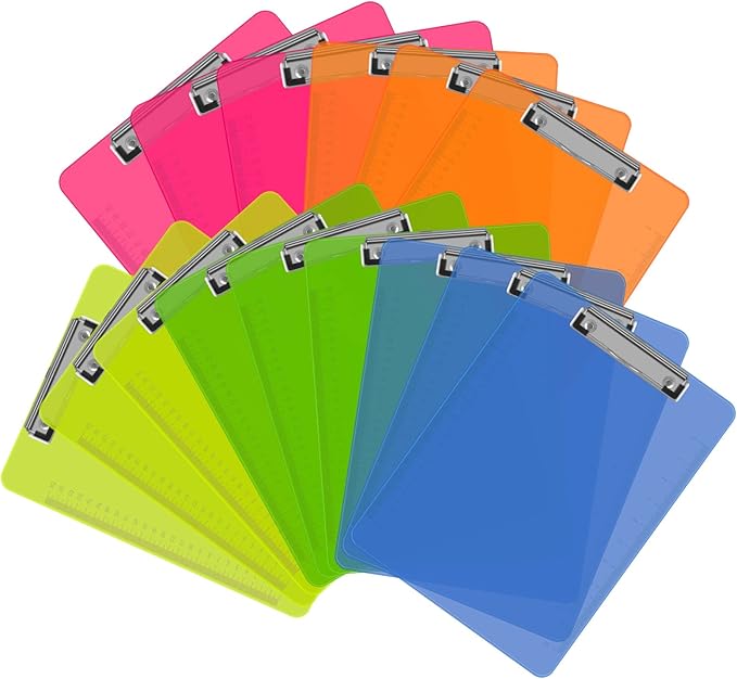 Clipboards, HERKKA 15 Pack Upgrade Plastic Clipboards Low Profile Clip Standard A4 Letter Size, Assorted Transparent Color, for Classroom and Office Use