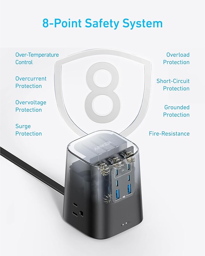 Anker Desktop Charger, 9-in-1 Power Strip with 300J Surge Protector, 5ft Flat Plug Extension Cord with Multiple Devices, 100W USB C Charger with 3 AC, 2 USB A, 4 USB C, Home Office, Desk Accessories
