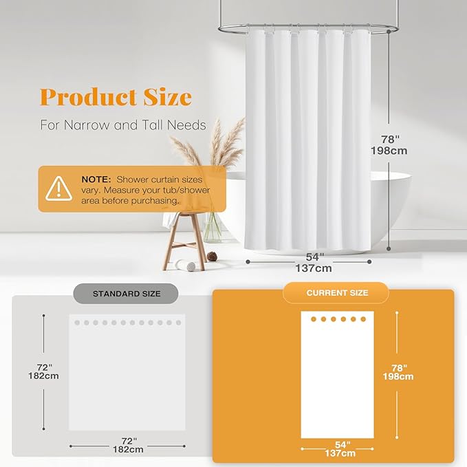 BTTN Fabric Shower Curtain, Linen Textured Heavy Duty Polyester Cloth Shower Curtain Set with Plastic Hooks, White, 54" W x 78" L (Pack of 1)
