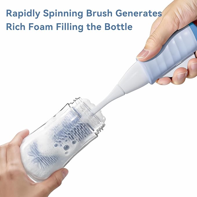Bottle Brush Set, Innovative Efficient Press-to-Spin Brush Cleaner - Includes Silicone Baby Bottle Brush, Nipple Brush, Straw Cleaner - Spinning Generates Rich Foam for Deep Cleaning, Blue