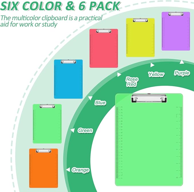 Plastic Clipboards, PANDRI 6 Pack Clear Colored Clipboards, Low Profile Clip Board 12.5 x 9 Inch Standard Letter Size, Office Supplies Classroom