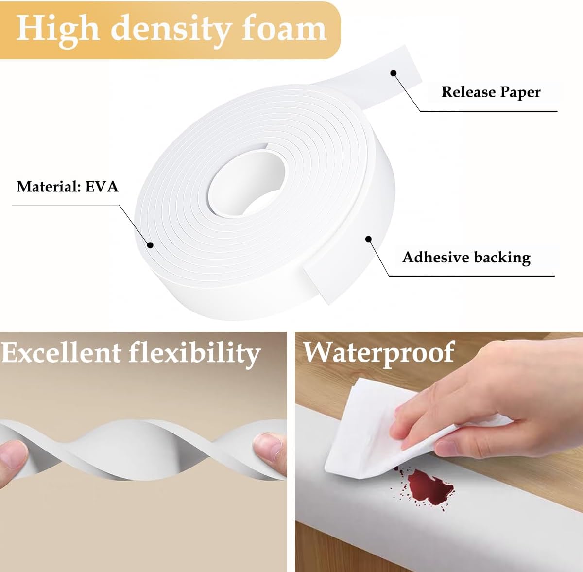 Weather Stripping Door Seal White,Self Adhesive Foam Tape,Window Insulation Weatherproof Gasket Tape for Doors and Windows,1.18 Inch Wide X 1/4 Inch Thick,2 Rolls Total 32.8Ft