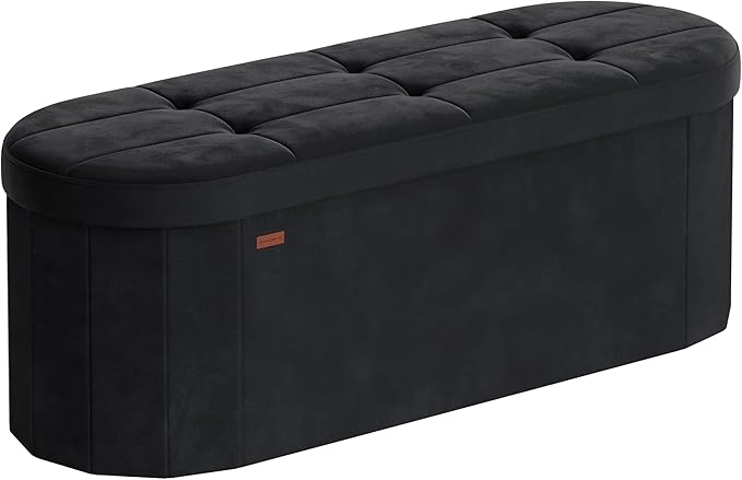 SONGMICS Mazie Collection - Folding Ottoman with Storage, Oval Storage Ottoman Bench, for Living Room, Bedroom, Velvet Fabric, 15 x 43 x 15 Inches, Ink Black ULSF297BH01