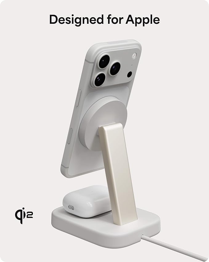 Mophie 2-in-1 Wireless Charging Stand - Qi2-Certified, MagSafe Charger for iPhone & AirPods – Fast Charging Station with Adjustable Phone Stand & Cable Management – Up to 15W Power