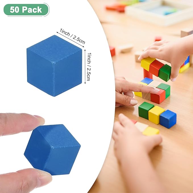 50-Pack DIY Wooden Cube, 1 Inch(2.5 Cm) Colored Natural Wood Blocks for Crafts Making Puzzle Games/Wedding/Home Decor/Dice/Building, Square Blank Block [Blue]