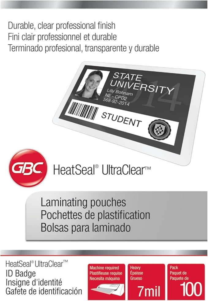 GBC Laminating Sheets, Thermal Laminating Pouches, Badge Size, 7 Mil, HeatSeal UltraClear, 100 Pack (3200016)