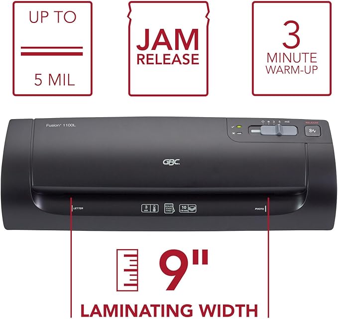 GBC Thermal Laminator Machine, Fusion 1100L, 9 Inch, 4 Min Warm-up, 3 or 5 Mil, with 10 EZUse Laminating Pouches (1703074)