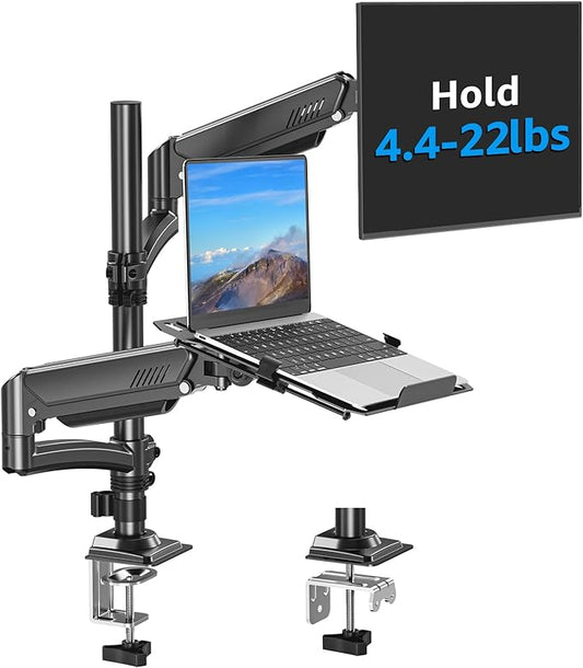 MOUNTUP Laptop and Monitor Desk Mount, Laptop Tray for Max 17" Notebook, Monitors Arm Fits up to 32" Monitor, Laptops Arm Holds 4.4-22lbs, 2-in-1 Tall Laptops Mount with Clamp/Grommet
