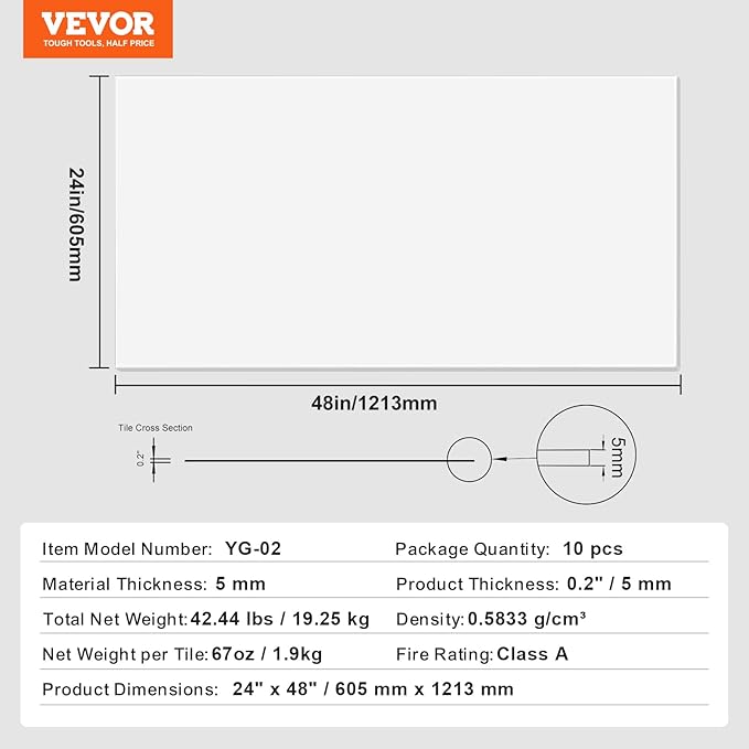 VEVOR Ceiling Tiles, 10-Pack 24 x 48 in, Drop Tiles Premium PVC Foam Sheet, Fire-Rated & Good Flexibility & Easy Installation, Covering for Home/Office Decoration, Smooth White
