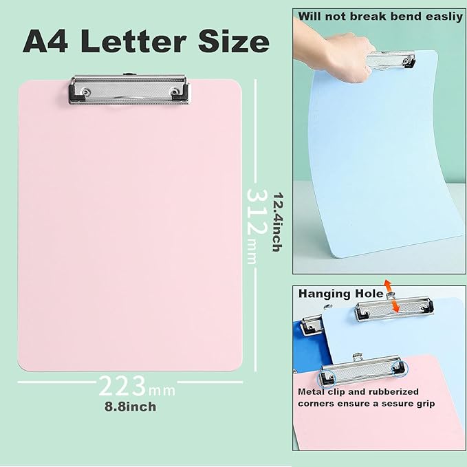 25 Pack Plastic Clipboards, A4 Clip Board 12.5 x 9 Inch Letter Size for Classroom, Nurses, Students, Woman, Assorted Color Clipboard with Low Profile Clip & Hanging Hole, Bulk Office & School Supply