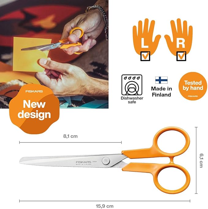 Fiskars Classic 1075054 Small Craft Universal Scissors, Right and Left-Handed, Total Length: 16 cm, Improved Ergonomic Handle, Quality Steel/Plastic, Orange