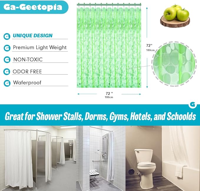Ga-Geetopia EVA Green Thin Shower Curtain Liner, Pebble Pattern 72x72 Inch Lightweight Plastic Bathroom Shower Showroom Inner Curtain with Rustproof Metal Grommets and Weighted Magnets(NO Hooks)