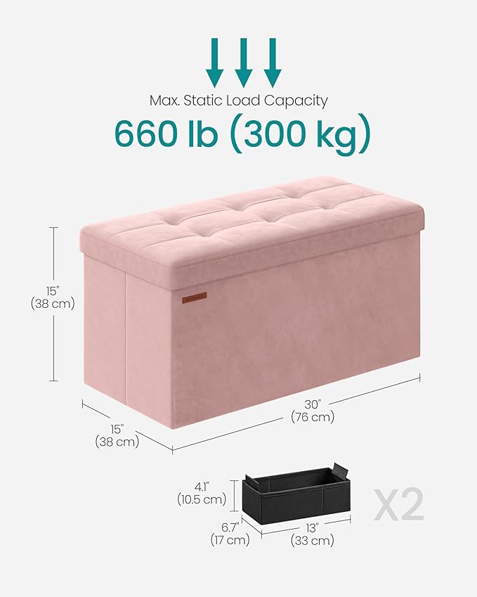 SONGMICS Mazie Collection - Storage Ottoman Bench, Foldable Foot Rest, 15 x 30 x 15 Inches, End of Bed Bench, Storage Chest, Load 660 lb, Living Room, Bedroom, Entryway, Jelly Pink ULSF247R01