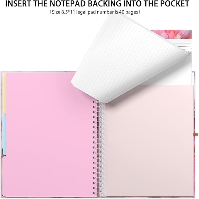 Rimilak Spiral Clipboard Folio with Refillable Lined Notepad, 14.5 x 9.8 in, Hardcover Cover with 5 Interior Pockets, Elastic Band and Pen Loop Series. Cute Stylish Clipfolio, Pink Gold Marble
