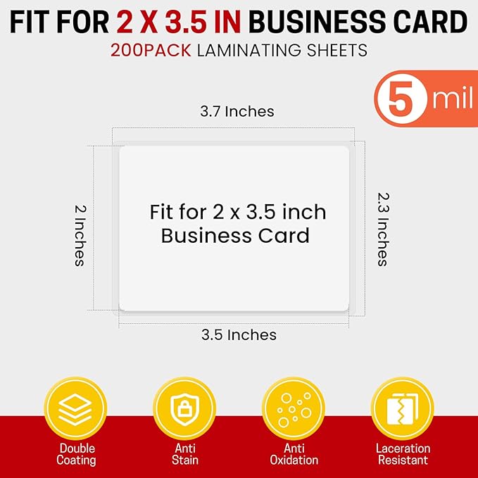 CAREGY 200 Count Thermal Laminating Pouches,5Mil,Hold 2 x 3.5 inch Business Card Laminate Pouches for Laminator, Clear Lamination Paper Protection 2.3 x 3.7 inch, Round Corner, Home & Office