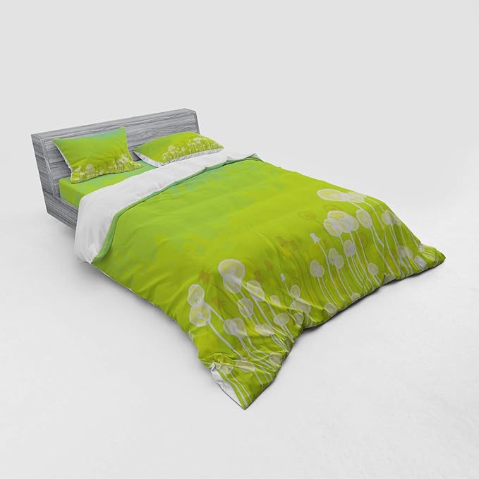 Ambesonne Dandelion Bedding Set, Dandelion Flower Pattern Wild North American Flowering Plant Summertime, 4 Piece Duvet Cover Set with Shams and Fitted Sheet, Queen Size, Apple Green Seafoam