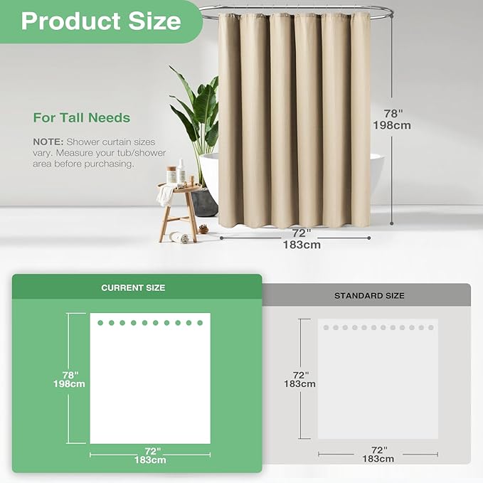 Dynamene Long Fabric Shower Curtain - 78 inch Waffle Weave Heavy Duty Cloth Shower Curtains for Bathroom, Neutral Weighted Hotel Spa Luxury Bath Curtain Set with 12 Plastic Hooks,72x78, Beige/Khaki
