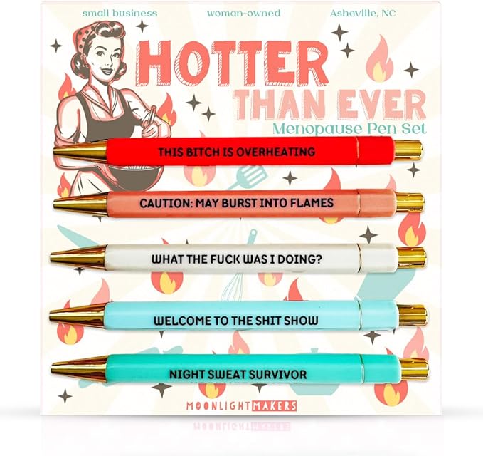 Moonlight Makers Funny Pens and Notepad Stationery Set - Set of 5 Hotter Than Ever Engraved Ballpoint Pens with Black Ink, Fires To Put Out Notepad, Cute Desk Supplies & Funny Work Gifts for Women