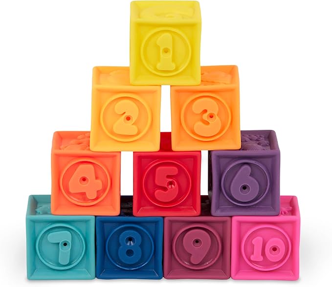 B. toys – Baby Blocks – Stacking & Building Toys for Babies – 10 Soft & Educational Blocks – Numbers, Shapes, Colors, Animals – One Two Squeeze – 6+ Months