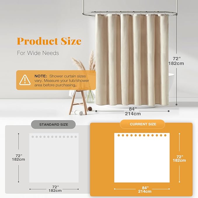 BTTN 84 Inch Wide Shower Curtain - W84xH72 Linen Textured Heavy Duty Fabric Shower Curtain Set with 14 Plastic Hooks, Large Hotel Simple Waterproof Polyester Bath Curtains for Bathroom - Cream/Beige