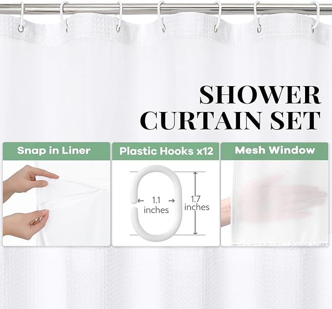 Dynamene Extra Long Shower Curtain, 84 Inch Long Waffle Fabric Shower Curtain for Bathroom, Tall Waterproof Cloth Shower Curtain Liner Set with Hook, Snap in Liner, Mesh Top Window, White, 72x84