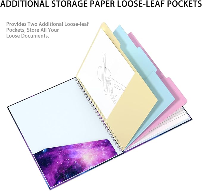 Rimilak Spiral Clipboard Folio with Refillable Lined Notepad, 14.5 x 9.8 In, Hardcover Cover with 5 Interior Pockets, Elastic Band and Pen Loop Series. Cute Stylish Clipfolio, Galaxy