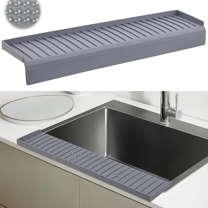 Sink Edge Protector with Suction Cup 4"x14", Silicone Sink Splash Guard for Kitchen & Bathroom, Protect Countertop from Scratches, Stains, for Stainless Steel Granite Quartz-Grey