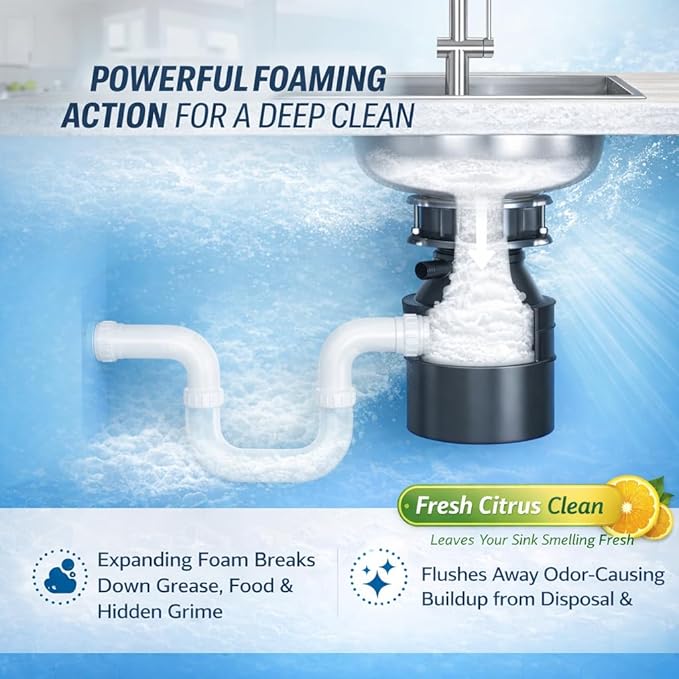 Garbage Disposal Cleaner and Deodorizer Tablets Drain Freshener, Foaming Citrus Scent, Sink Odor Remover for Kitchen Garbage Disposer Cleaning (12 XL Tablets - One Year Supply)