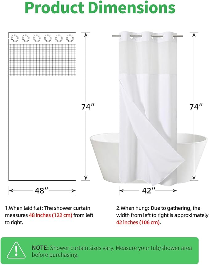 Stall No Hooks Needed Linen Textured Shower Curtain with Snap-in Fabric Liner Set,Hotel Luxury Decor Shower Curtains for Bathroom,Waterproof & Washable,48Wx74H,White