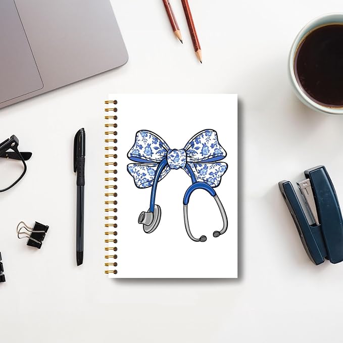 Chinoiserie Floral Bow Nurse Notebook, Nurse Gifts for Women Journal, Nurses Appreciation Gifts Journal, Medical Stethoscope Nursing Hardcover Spiral Notebooks 5.5x8.3 Inch