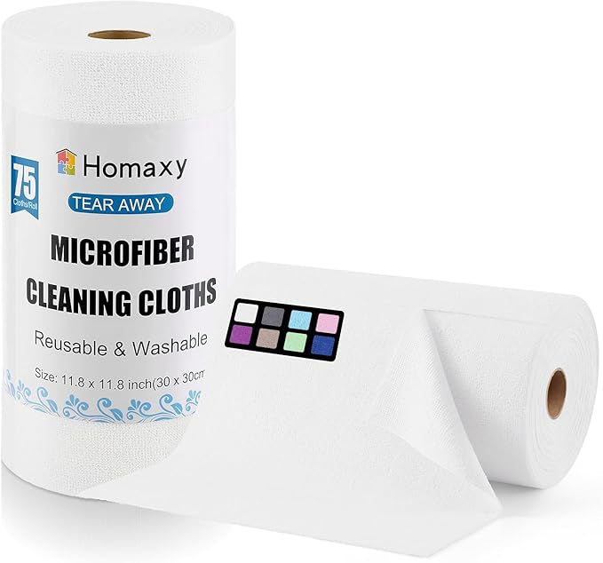 Homaxy Tear Away Dish Cloths Rolls, 75 Sheets-11.8" X 11.8", Reusable Washable Dish Towels for Kitchen, Ultra Absorbent and Quick Drying Microfiber Cleaning Rags, White