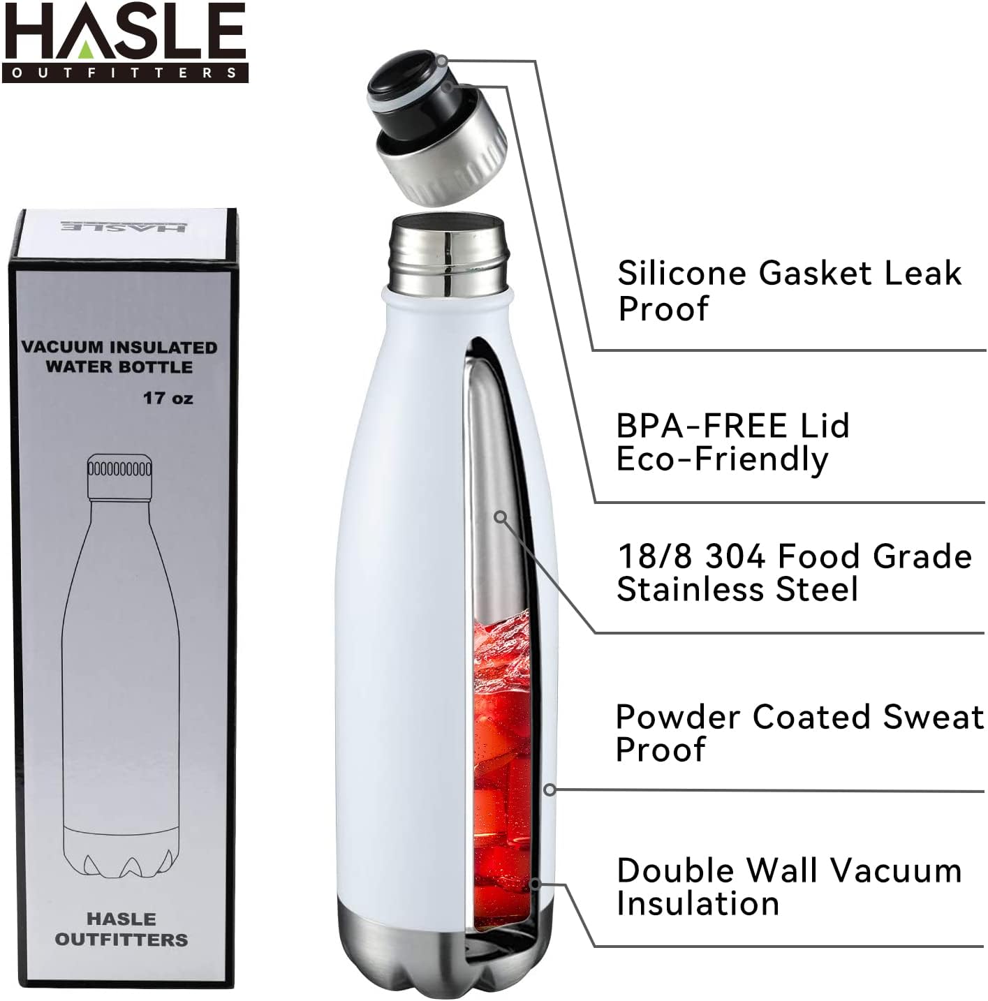 HASLE OUTFITTERS 17oz Stainless Steel Water Bottles, Vacuum Insulated Water Bottles Double Walled Powder Coated Reusable Metal Sports Water Bottles Keep Drinks Hot and Cold, White, 1Pack