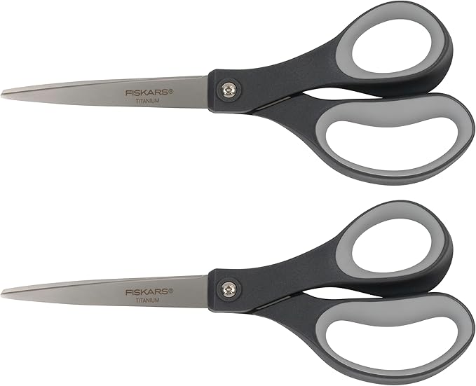 Fiskars 8” Everyday Titanium Comfort Grip Scissors (2-Pack), Home & Office Scissors for Cutting Paper, Cardboard, Photos and More, Gray