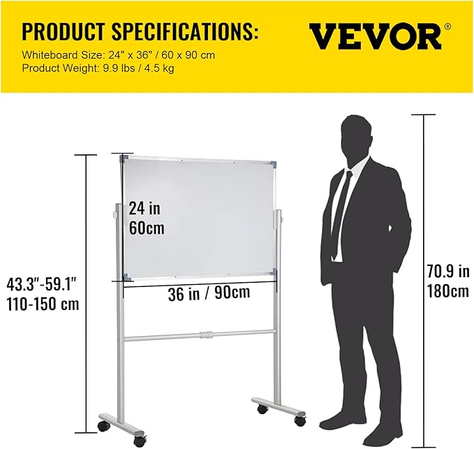 VEVOR Mobile Magnetic Whiteboard, 36 x 24 Inch, Double Sided, 360 Degree Reversible Rolling Dry Erase Board, Height Adjustable with Aluminum Frame and Lockable Swivel Wheels, for Office School Home