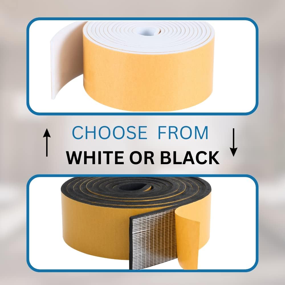 High Density Foam Weather Stripping Door Seal Strip Insulation Tape Roll for Insulating Door Frame, Window, Air Conditioner | Self Adhesive Sealing Weatherstrip (2 in x 1/8 in x 10 Ft, White)