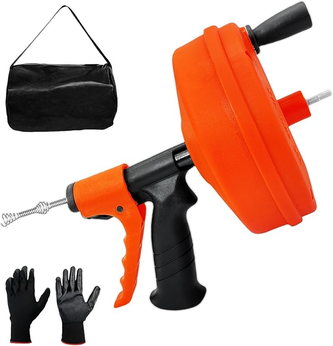 Drain Snake 50 FT, Auger Drain Snake Hair Drain Clog Remover, Plumbing Snake with Drill Attachment and Automatic Retractable Function, Manual or Powered Use for Kitchen, Sink, w/Gloves and Storage Bag