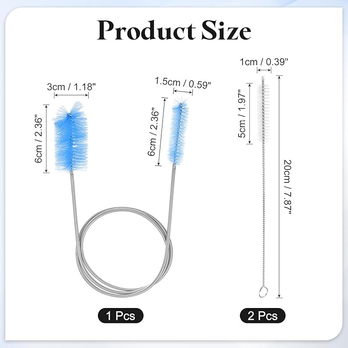 HARFINGTON 3pcs Flexible Long Drain Brush Straw Cleaner Set 35.43" Stainless Steel Double Ended Hose Brush with 8" Nylon Long Tube Pipe Cleaning for Fish Tank Sink Pipe, Blue