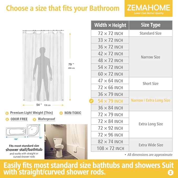 Extra Long Narrow Clear Plastic Shower Curtain Liner - Lightweight 54" x 79" Transparent Bathroom Shower Showroom Curtain Liner with Rustproof Metal Gromments and Weighted Magnet