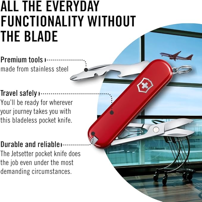 Victorinox Jetsetter Swiss Army Knife, Compact 7 Function Swiss Made Pocket Knife with Scissors, Magnetic Phillips Screwdriver and Key Ring – Red