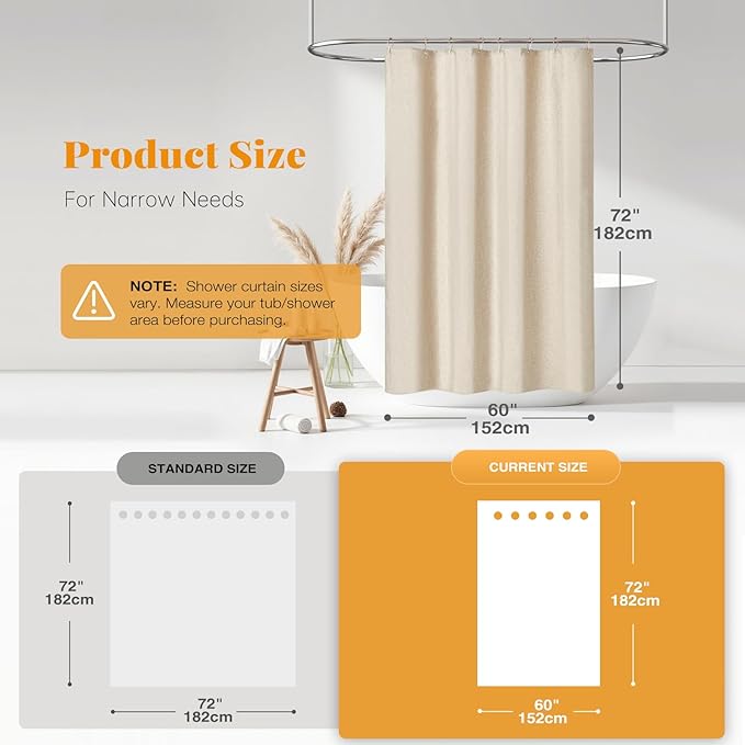 BTTN W60xH72 Stall Shower Curtain, 60 Inch Wide Linen Textured Heavy Duty Cloth Shower Curtain Set with 10 Plastic Hooks, Narrow Luxury Waterproof Fabric Shower Curtains for Bathroom, Beige/Cream