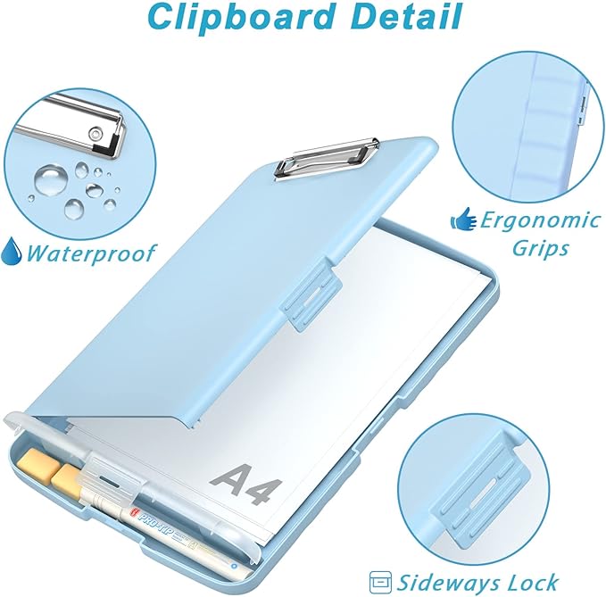 Rimilak Plastic Clipboard with Storage, 8.5 x 11 High Capacity Folio Nursing Case with Pen Holder, Size 14.2 x 9.6 x 1.2″ Folder Side-Opening for Classroom, Teacher, Smooth Writing, Light Blue