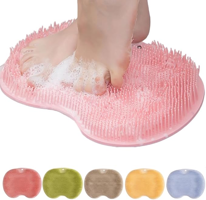 Silicone Shower Foot Scrubber Mat, Upgraded Wall Mounted Slip Suction Cups Foot Scrubber Cleaner, 2025 New Foot Back Cleaning Pad Back Washer Back Exfoliating Bath Wash Pad (Pink)
