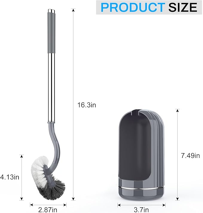 SetSail Toilet Brush and Holder Set, Compact Size Curved Toilet Bowl Brush for Bathroom Deep Cleaning with Stainless Steel Handle Toilet Cleaner Brush, Grey