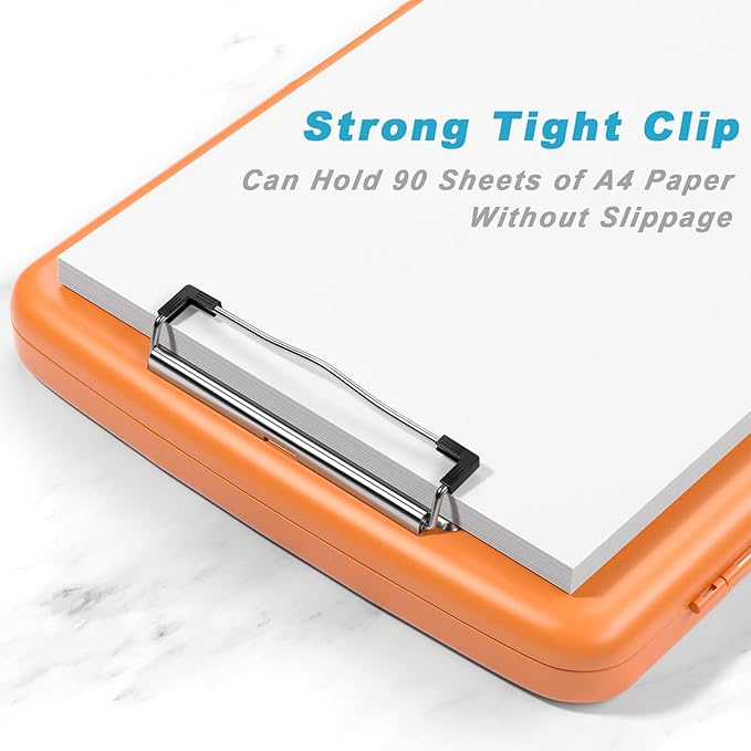 Rimilak Plastic Clipboard with Storage, 8.5 x 11 High Capacity Folio Nursing Case with Pen Holder, Size 14.2 x 9.6 x 1.2″ Folder Side-Opening for Classroom, Teacher, Student, Smooth Writing, Orange