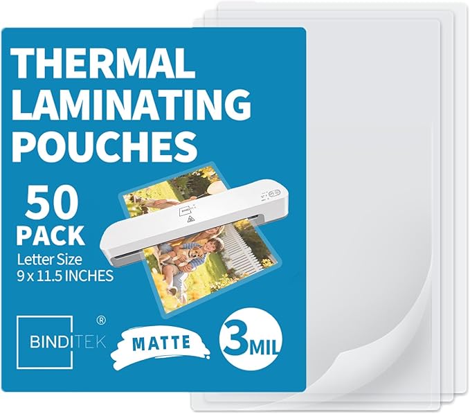Binditek Matte Laminating Sheets, 3 Mil 50 Pack, 9 x 11.5 Inches Matte Thermal Laminating Pouches, Fits 8.5 x 11 Letter Size - Glare Free, Writable, Heat Seal