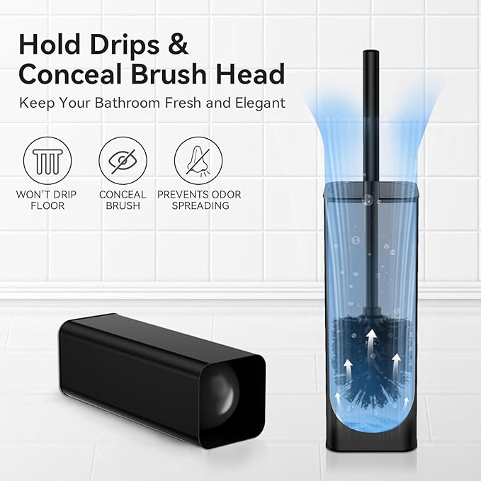 DOWRY Toilet Bowl Brush and Holder for Bathroom Storage Organization Deep Cleaning Covered Brush Cleaner Black Toilet Brush with 2 Brush Holders,Black Square 2PCS